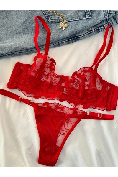 İNKO İÇ GİYİM Floral Underwire Cupless Tulle Bra Set (Bra Thong)