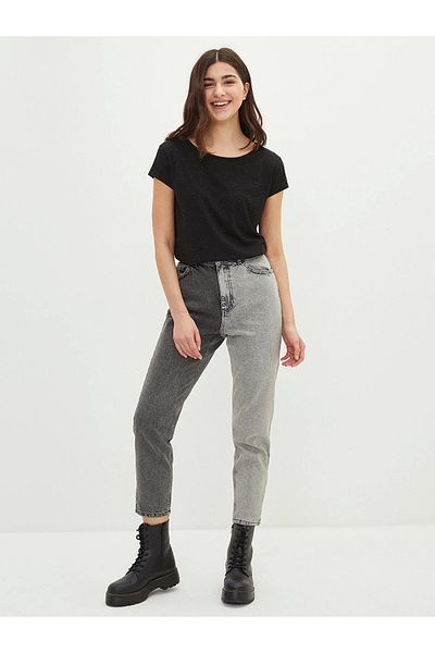 LC Waikiki Lcw Jeans Gray High Waist Mom Fit Color Blocked Pocket Detailed Rodeo Women's Jean Pants
