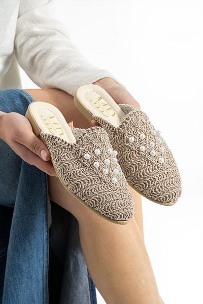 Moda Devrin Papuci de damă Beige Pointed Pearl Papuci de casă și exterior