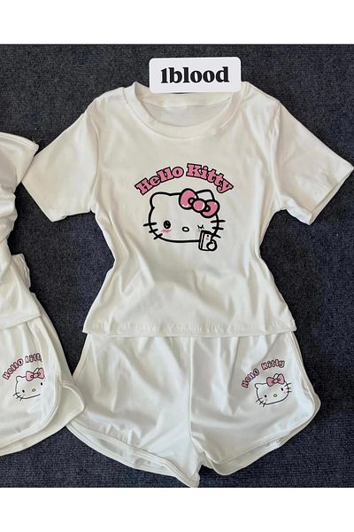 1blood Bluză albă Hello Kitty Pantaloni scurți Set de jos și de sus