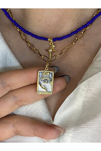 Tılsım Bijuteri Lacivert Boncuklu 2’li Tarot kartlı Yıldızlı Kolye