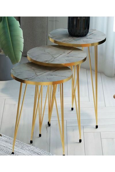 TrentonGCC Set of 3 Round Metal Frame Living Room Table  Marble Look Gold Legs for Living Room Hallway Office