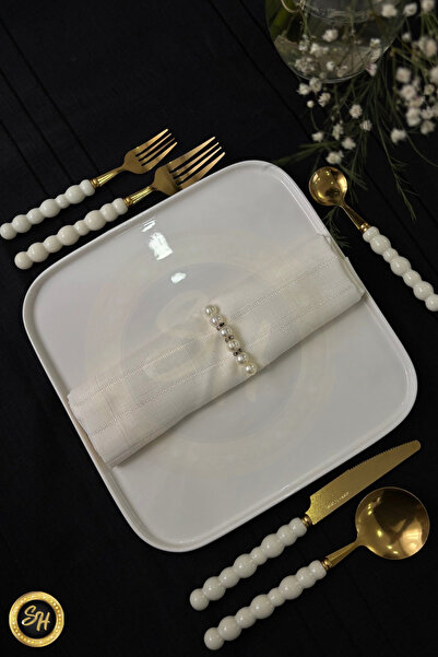 Snow Homs طقم شوكة حلوى مفصلة مكون من 6 قطع من حجر اللؤلؤ الأبيض الذهبي |   طقم شوكة حلوى فاخرة مكون من 6 قطع