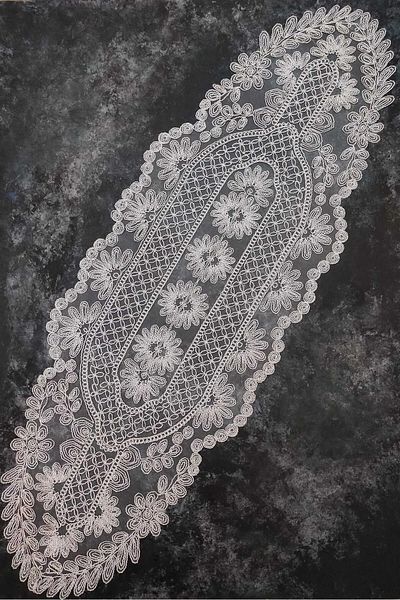 Çt Çeyizci Tekstil French Lace Detailed Single Runner, Gray Color Table Runner, Table Cloth Runner