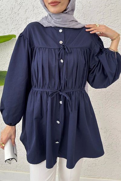 DEFNECE BOUTIQUE Navy Blue Tunic - Drawstring and Laced