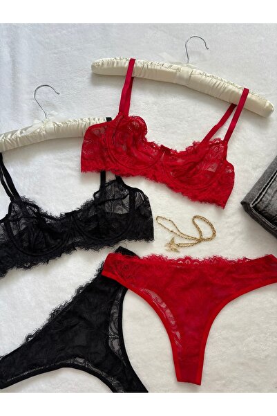 İNKO İÇ GİYİM Lace Underwire Cupless Bra Thong Set Set of 4