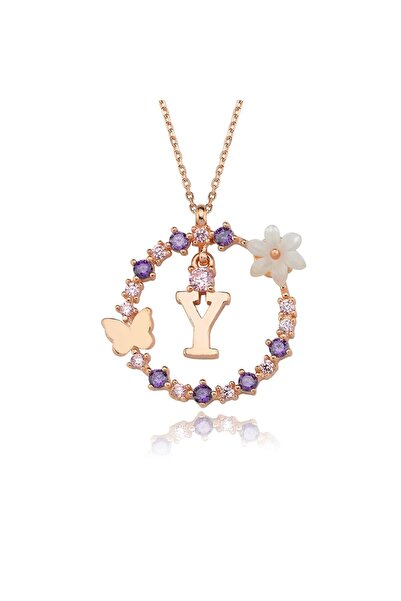 Karem Jewellery Manolya Çiçeği Y Harfi 14 Ayar Rose Altın Kaplama Kadın Kolye