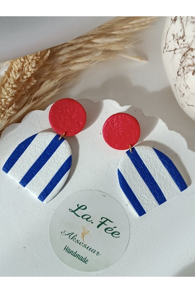 La fee aksesuar Ultra Light Polymer Clay Earrings - White-Blue-Red Line Feminin Handmade