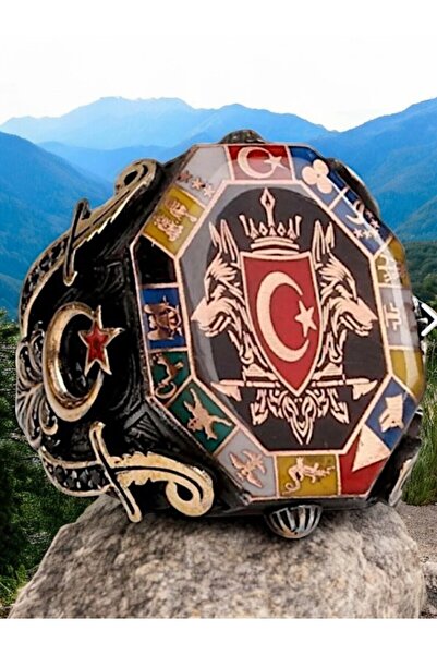 BİRİNCİHANE Çift Bozkurt 16 Türk Devleti Ay Yıldız  Erkek Gümüş Yüzük