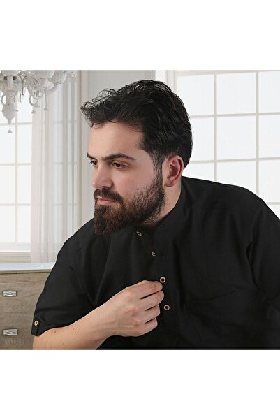 İkranur Prevailing Collar Linen Look Anti-Sweat 100% Cotton Short Sleeve Summer Shirt-Black