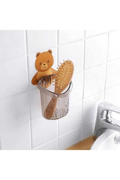 TİNEKE Teddy Bear Toothbrush Cup Holder Toothpaste Storage Rack Stand Self Adhesive 1Pcs