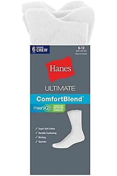 HANES Classics Crew Socks Mens Hns CL84-6Pcs White