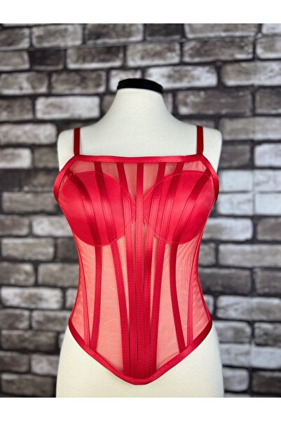 Metay Design Red Tulle Transparent Corset Rope Strap Bull Model Corset Bustier