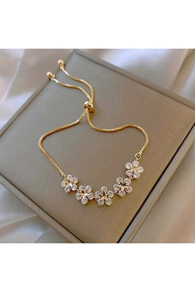 Takıtolia Flower Zirkon Taşlı Asansörlü Ayarlanabilir Şık Altın Renkli Gold B...