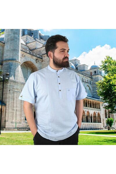 İkranur Καλοκαιρινό πουκάμισο με κοντό μανίκι από 100% βαμβάκι - Λινό look, Μη ιδρώτριο, Μπλε