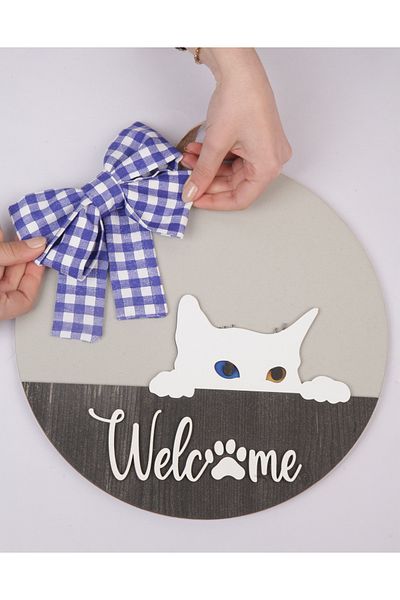 Hilaliart Wooden Door Ornament with Welcome Cat Figure - Wooden Mdf Door with Cat