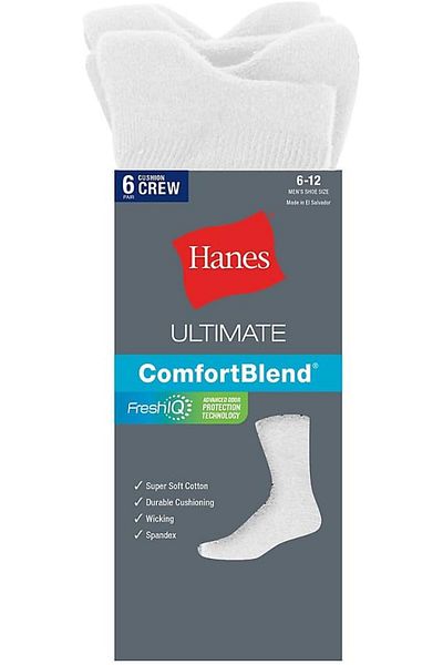 HANES Classics Crew Socks Mens Hns CL84-6Pcs White
