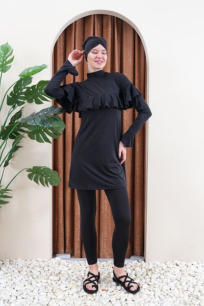 SEBOTEKS Μακρυμάνικο κλειστό μαγιό Hijab με λεπτομέρεια βολάν 3712