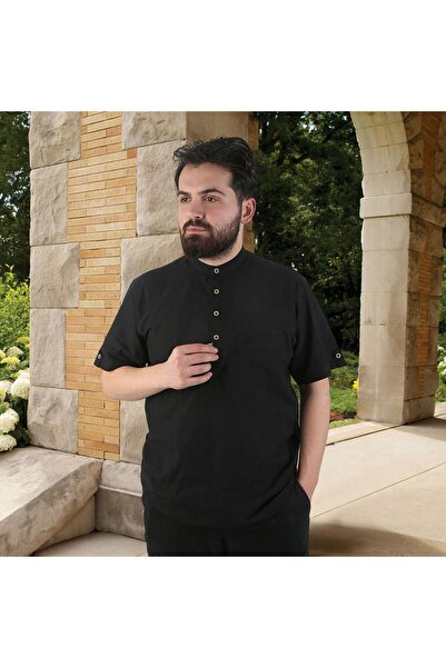 İkranur Prevailing Collar Linen Look Anti-Sweat 100% Cotton Short Sleeve Summer Shirt-Black