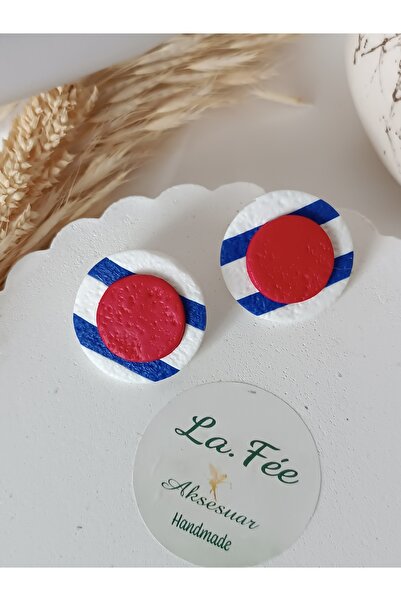 La fee aksesuar Ultra Light Polymer Clay Earrings - White-Blue-Red Line Femin...