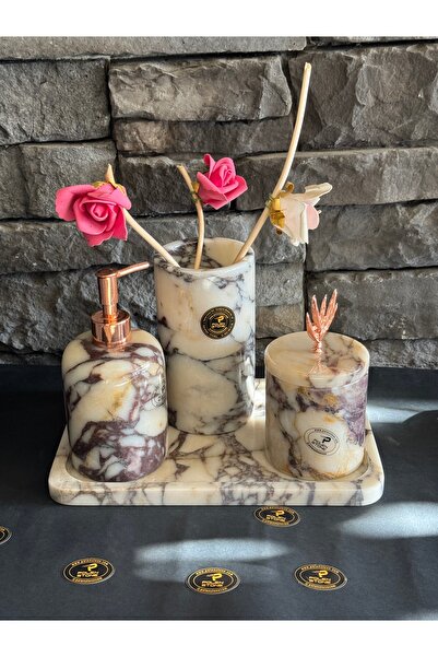 Polen Stone Menekşe Mermer 4 Parça Banyo Seti – 30 × 20 cm Tepsi