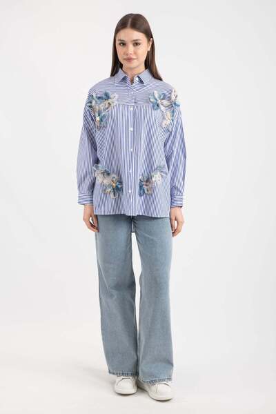 Hatun Atila Plava organza Prugasto Cvetni dezen ženska košulja 7946