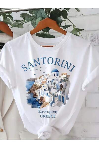 EVIus تي شيرت برقبة دائرية مطبوع عليه سانتوريني مقاس كبير