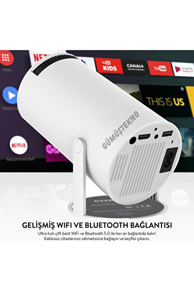 GÜMÜŞTEKNO Yüksek Çözünürlüklü Android Projeksiyon 1080P Destek, HDMI, USB, Taşınabilir Hafif Tasarım Hediyeli