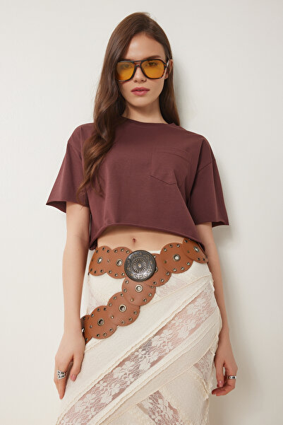 Lovelyİstanbul Βαμβακερό Crop Πλεκτό T-Shirt ΚΑΦΕ LCR0018