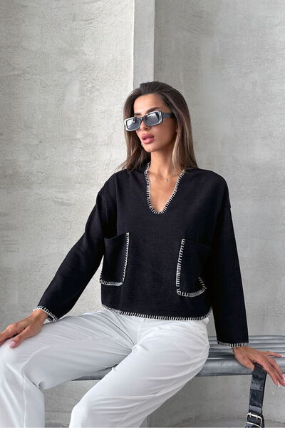 VERYMODA Bluză tricotată cu cusături tip păstori - Negru |   F1652