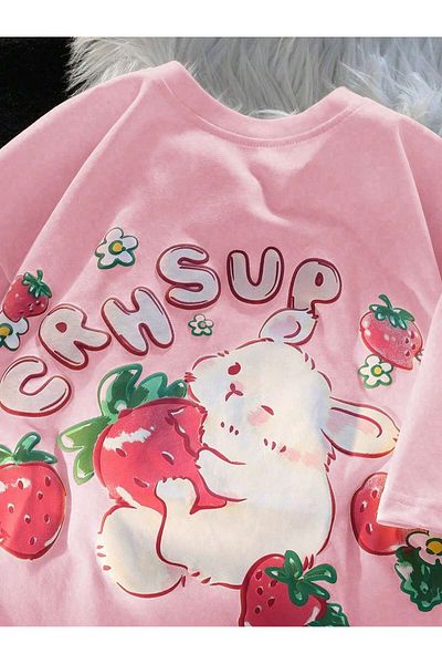 EVIus Μπλουζάκι με λαιμόκοψη με στάμπα Rabbit Strawberry Oversize
