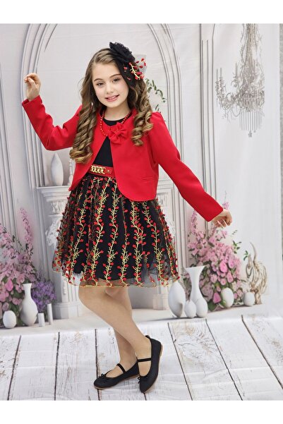 N.S.K NEWSTAR KİDS Girl's Red Color Fluffy Tulle Lace Dress and Jacket Combination