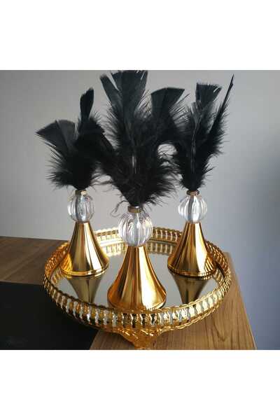 HİLALKRİSTAL Dekoratif Renkli Tüylük -3 Adet-Gold Kaplama- Kahve Yanı-Sunum