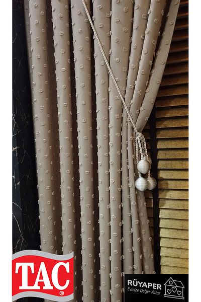 Taç Dreamper Mink Color Pompom Curtain Linen 1St Quality Brochol Gift