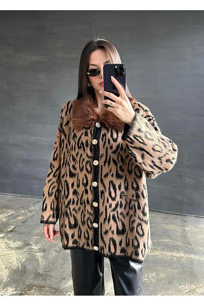 ZaynStore Durres Women's Collar Fur Detail Long Knitwear Jacket