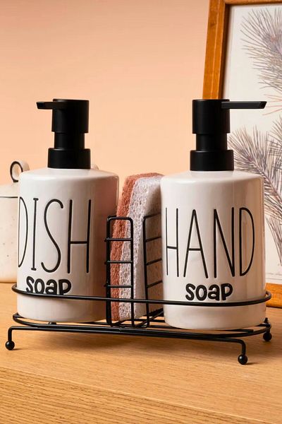 Woodcept Kitchen and Bathroom Set of 2 Liquid Soap Dispensers with Metal Stand and Sponge, Hand and Dish Phenomenon Set 500ml