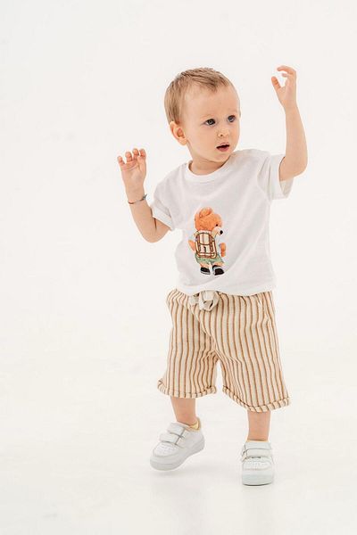 Magu Cotton Teddy Bear Printed White Baby Boy T-Shirt and Striped Shorts Set of Two (6-24 Months)