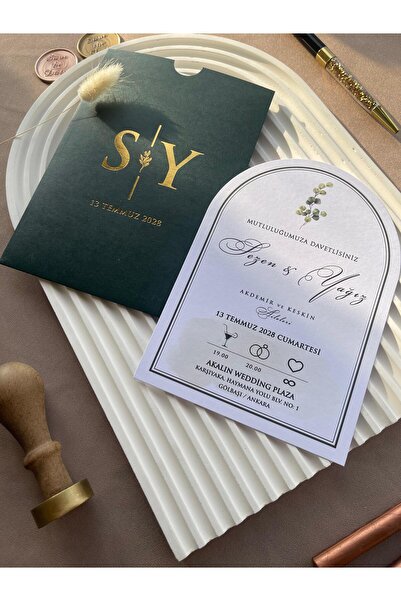 emindijital Yeşil Zarflı Oval Yaldızlı, Kına,Nikah,Nişan, Düğün Davetiyesi 50...