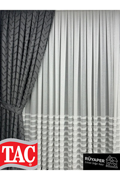 Taç Γκρι Χρώμα Σταυρός Φούντες Κουρτίνα Λινό Μονό Φτερό Brochol Δώρο