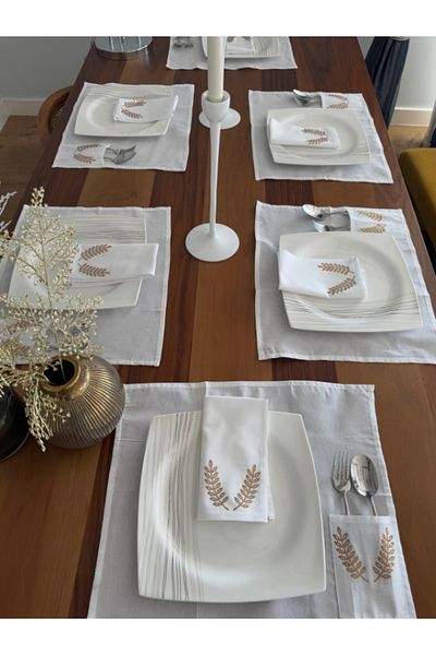 Menar Tasarım Virgo Embroidered American Service Set Napkin Set 6-Person Icon of Abundance Cloth Tableware Set