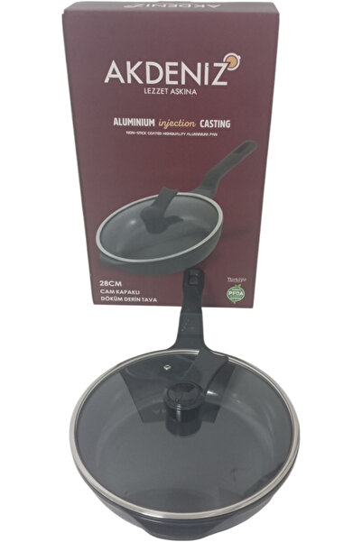 Akdeniz مقلاة شيليكس 28 سم من الحديد الزهر باللون الأسود مع غطاء زجاجي