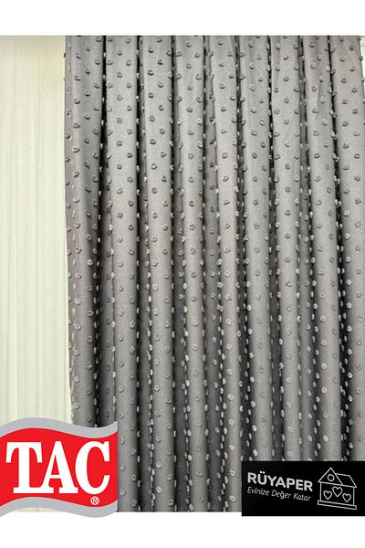 Taç Dream Grey Color Pompom Tasseled Background Curtain Linen 1St Quality Brochol Gift (Single Wing)