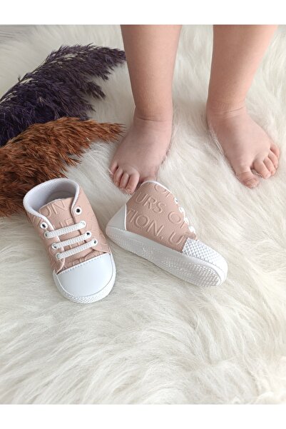 Bebiccino Kız /erkek Bebek Patik Ayakkabı Yazılı Bağcıklı 18-19 Numara Pudra