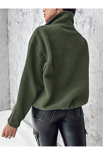 Genel Markalar Yeşil Unisex Dik Yaka Peluş Yumuşak Mont