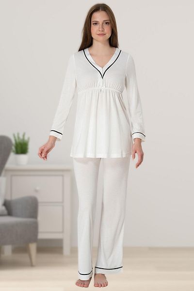 BLACKMORE Women's Ecru Long Sleeve Cotton Breastfeeding Featured Maternity Maternity Pajama Set Set