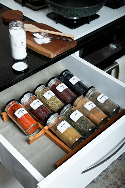 KukiWood Labeled 10-Piece Glass Spice Rack Organizer – Salt Shaker Organizer Set for Inside Cabinets & Drawers