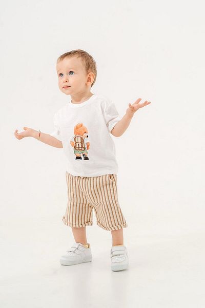 Magu Cotton Teddy Bear Printed White Baby Boy T-Shirt and Striped Shorts Set of Two (6-24 Months)