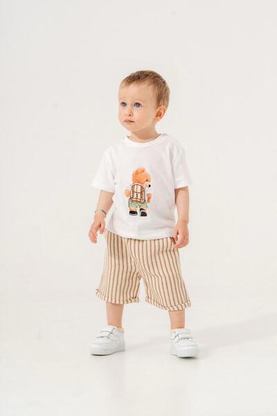 Magu Cotton Teddy Bear Printed White Baby Boy T-Shirt and Striped Shorts Set of Two (6-24 Months)