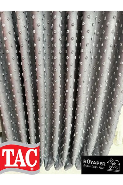 Taç Dream Grey Color Pompom Tasseled Background Curtain Linen 1St Quality Brochol Gift (Single Wing)