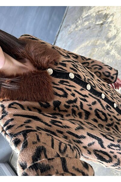 ZaynStore Durres Women's Collar Fur Detail Long Knitwear Jacket